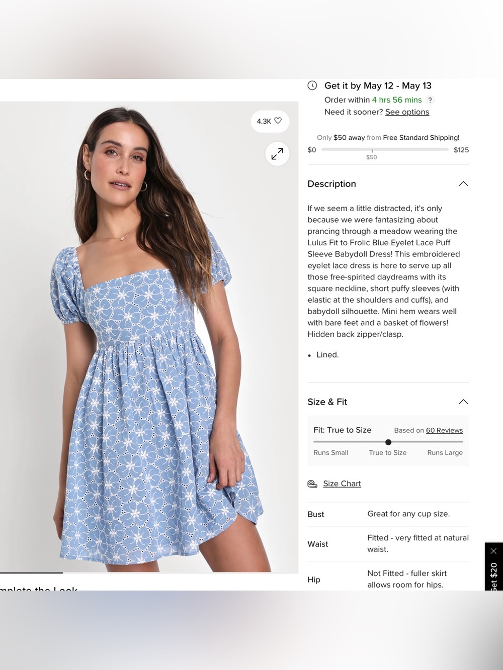 Lulu's Fit to Frolic Blue Eyelet Lace Puff Sleeve Babydoll Dress Sz L - Picture 5 of 9